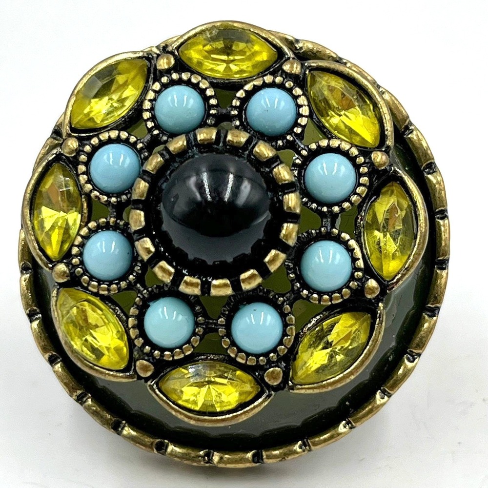 Vintage Gold Tone Yellow‎ & Aqua Blue Stretch Ring Gem Cluster Statement Retro